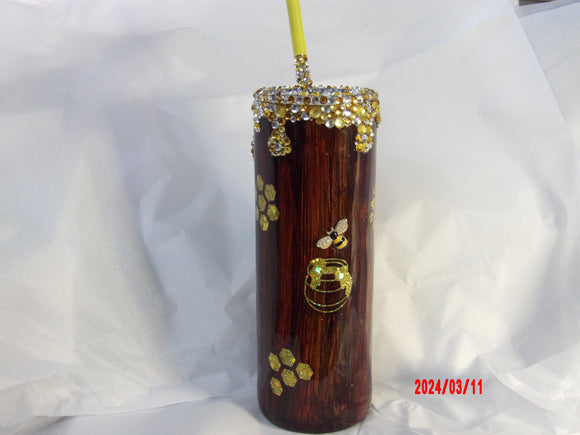 20oz Skinny Honey Bee Woodgrain, glitter, Rhinestones and Charms